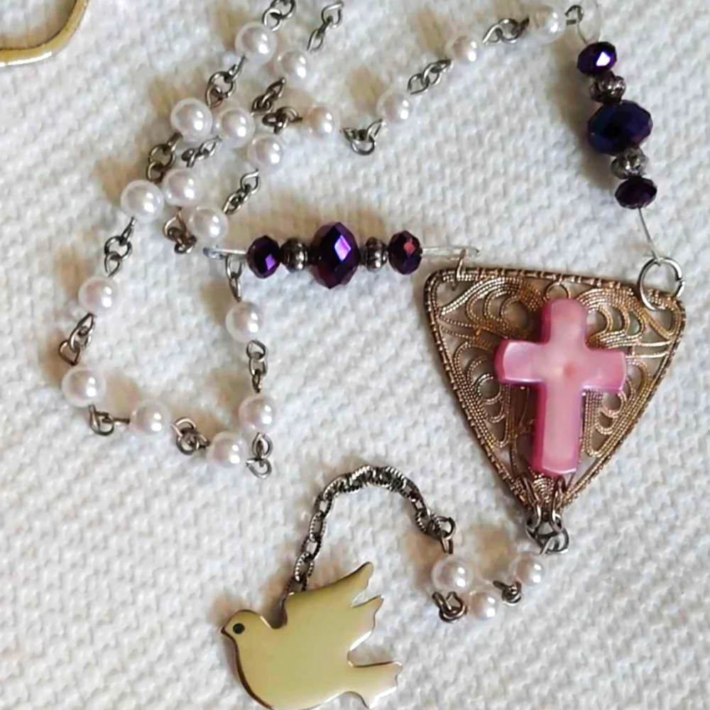 Pink and White Rosary Bookmark with Silver Tone Dove Charm Handmade